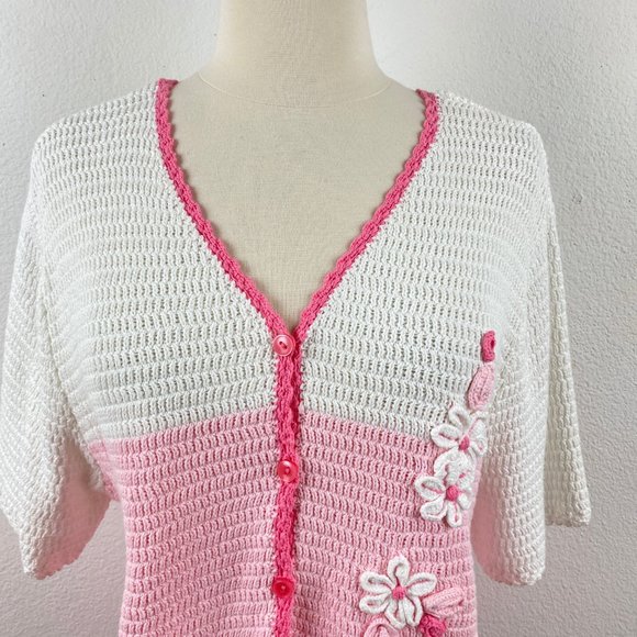 Vintage 90s Sag Harbor Pink Knit Sweater Top 100% Cotton Short Sleeves Spring Lg - Picture 2 of 8
